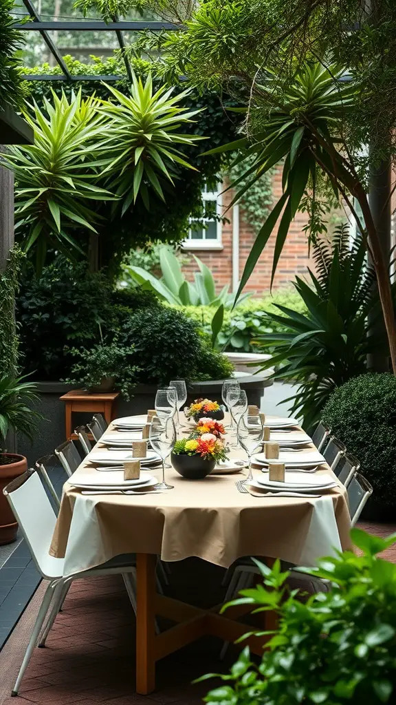 A beautifully set outdoor dining table surrounded by lush greenery.