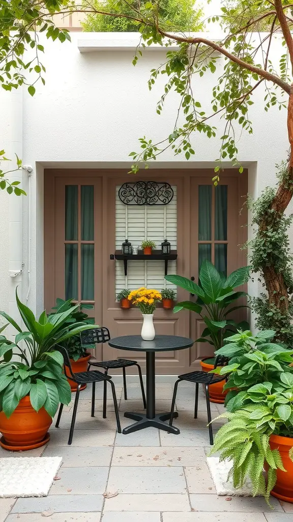 A cozy outdoor dining nook with a round table, four chairs, and vibrant potted plants.