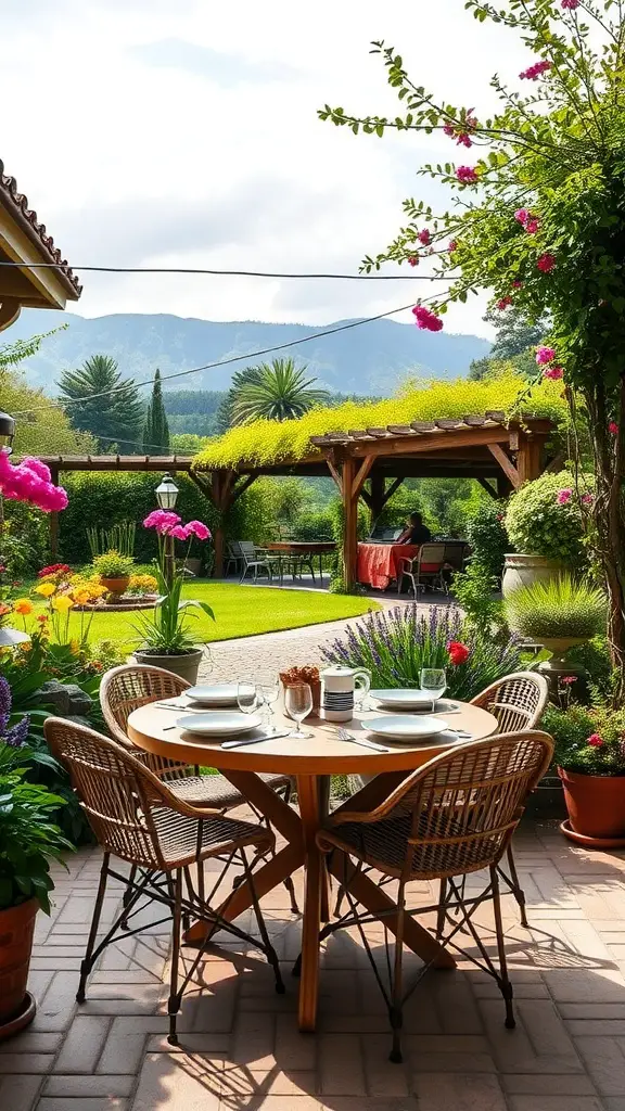 A cozy outdoor dining setup with a wooden table and wicker chairs surrounded by flowers and greenery.