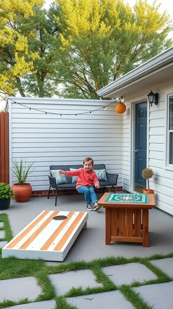 A child playing cornhole on a patio with a cozy seating area and greenery.