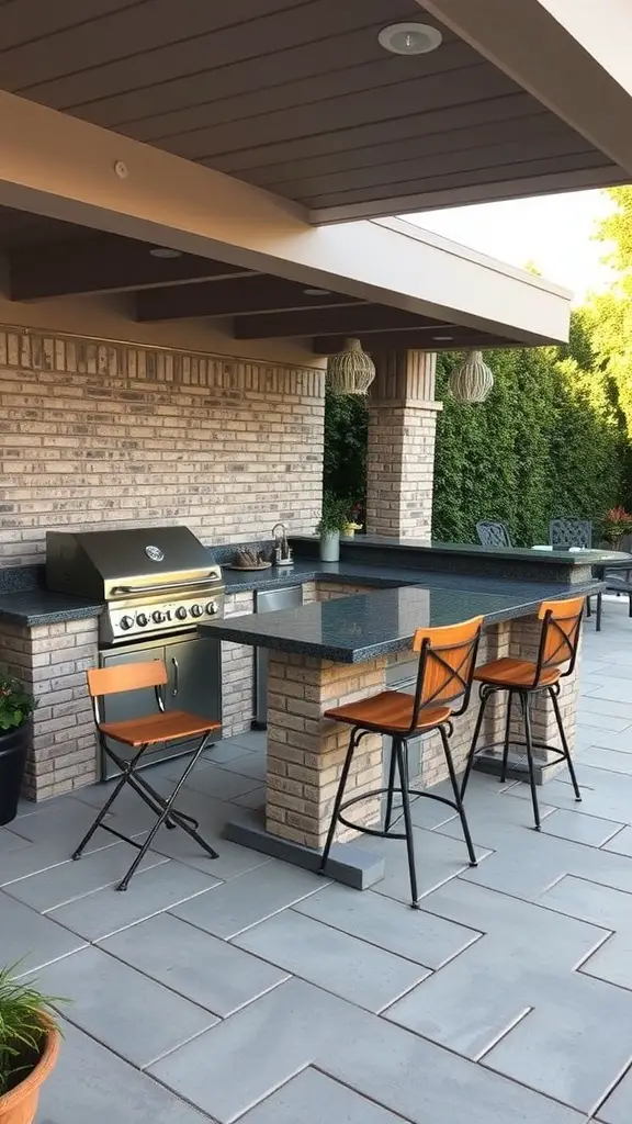 An outdoor kitchen setup featuring a grill, granite countertop, and bar stools.
