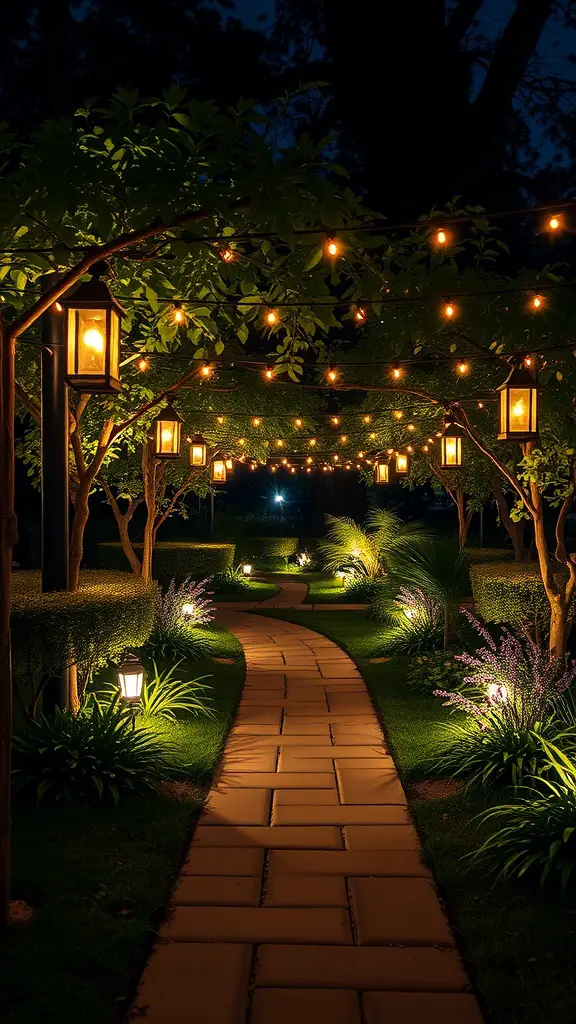A beautifully lit garden pathway with lanterns and string lights, surrounded by greenery.