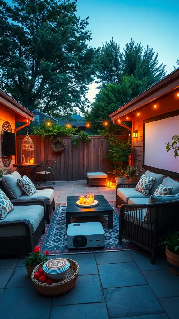 Cozy outdoor patio set up for a movie night with comfortable seating, a projector, and warm lighting.