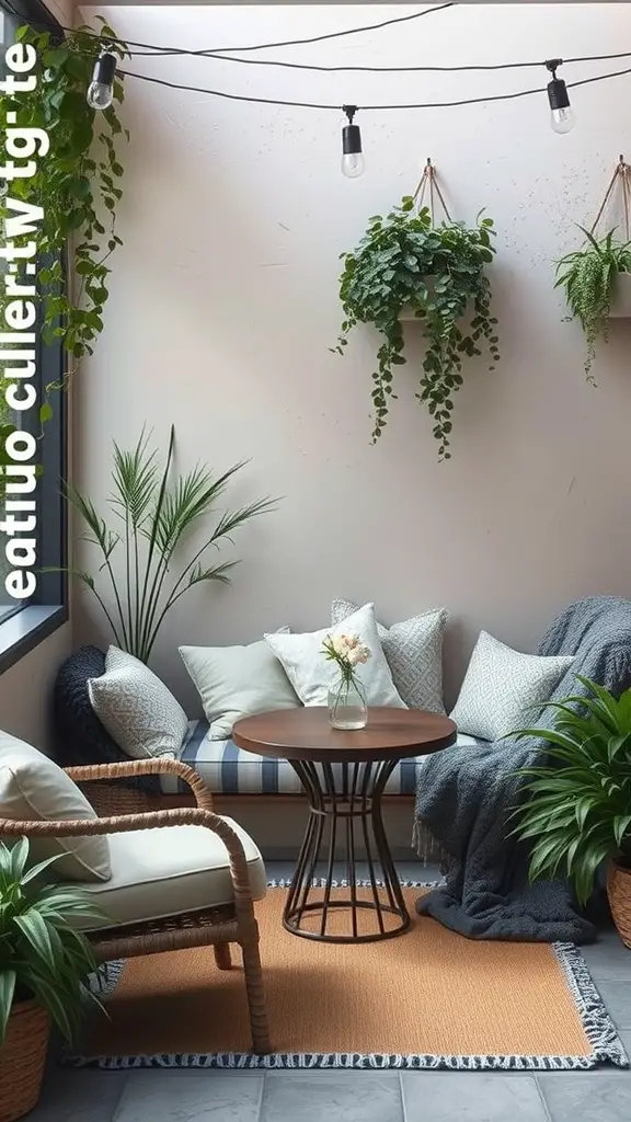 Cozy outdoor seating nook with plants, cushions, and string lights.