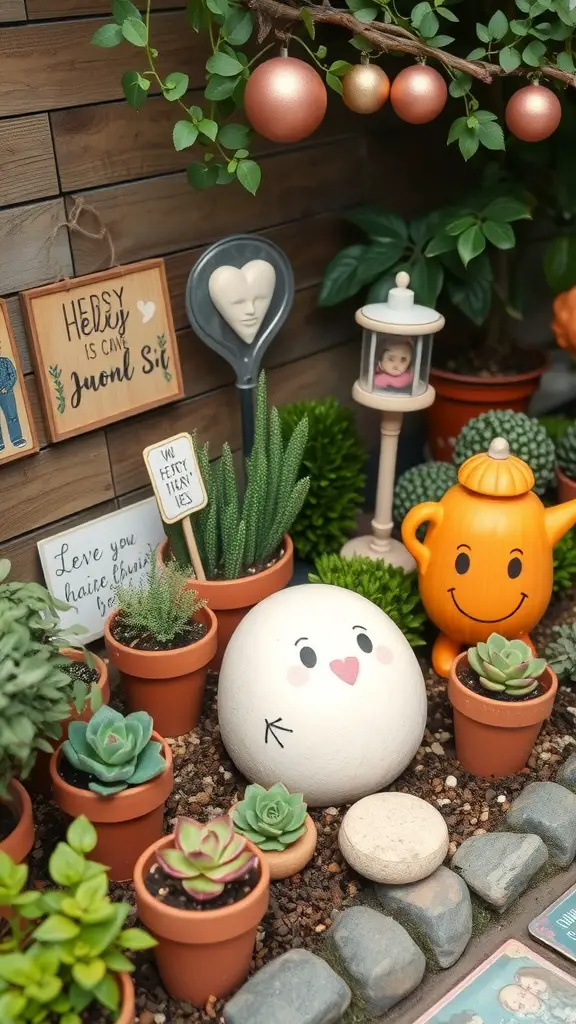 A small garden with various potted succulents, quirky signs, and decorative elements.