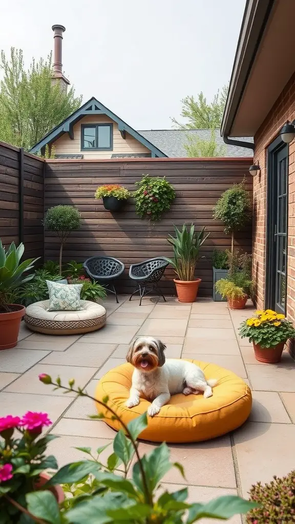 A cozy pet-friendly patio with a dog resting on a yellow bed surrounded by plants.