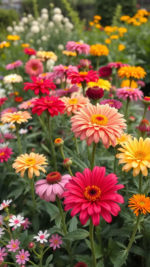 A vibrant garden filled with colorful flowers, including pink, red, yellow, and orange blooms.