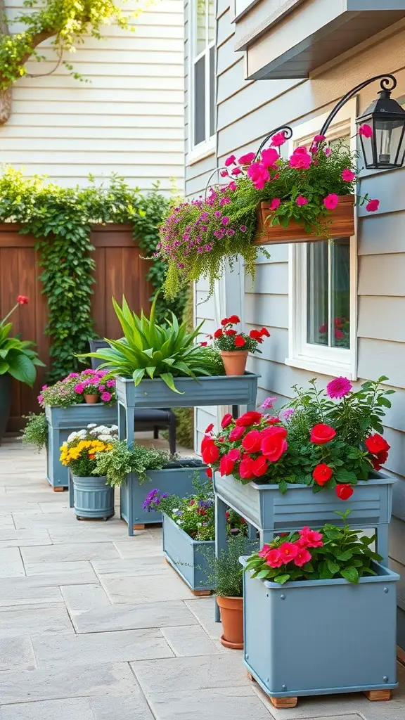 A collection of colorful planter boxes filled with flowers on an outdoor patio.