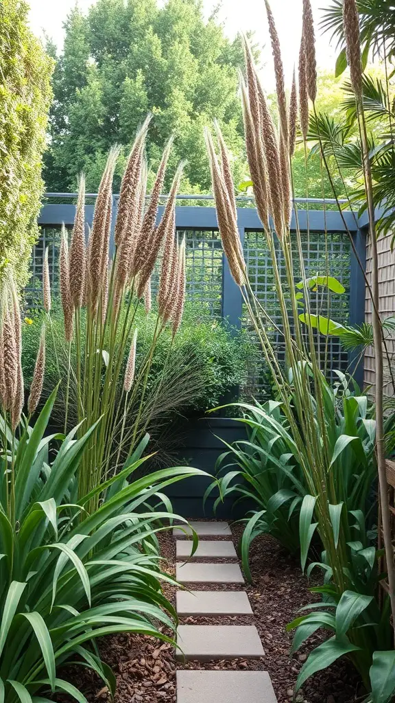 A small garden with tall grasses and a stone pathway surrounded by lush greenery.