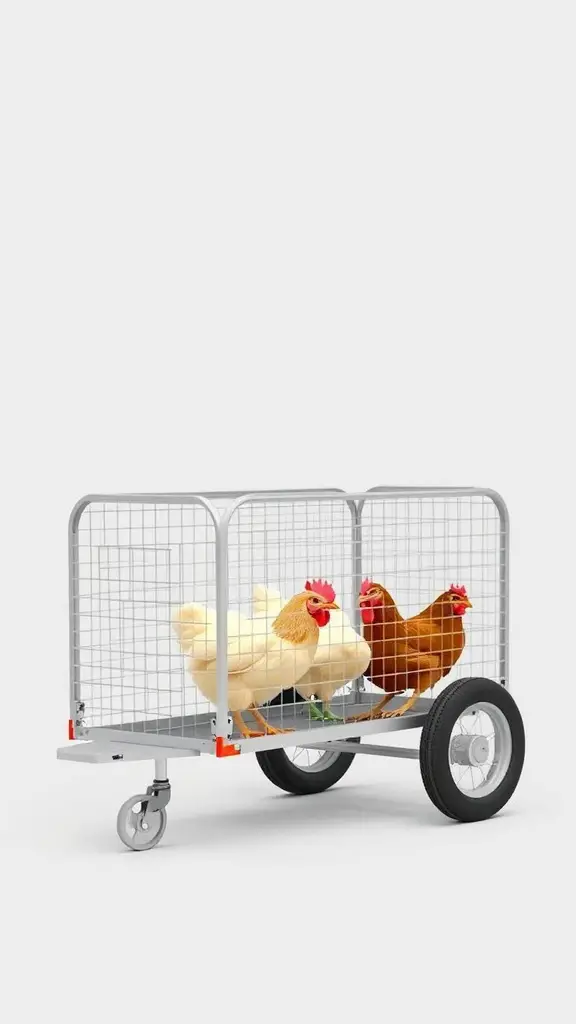 A portable chicken tractor with three chickens inside, designed for easy movement.