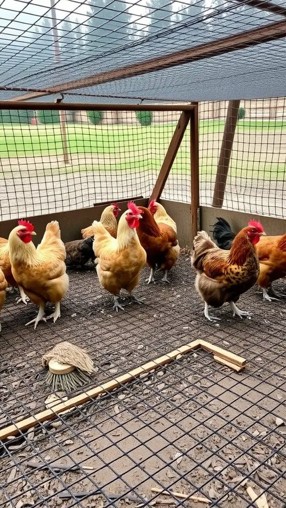 A group of chickens in a predator-proof run with wire mesh fencing.