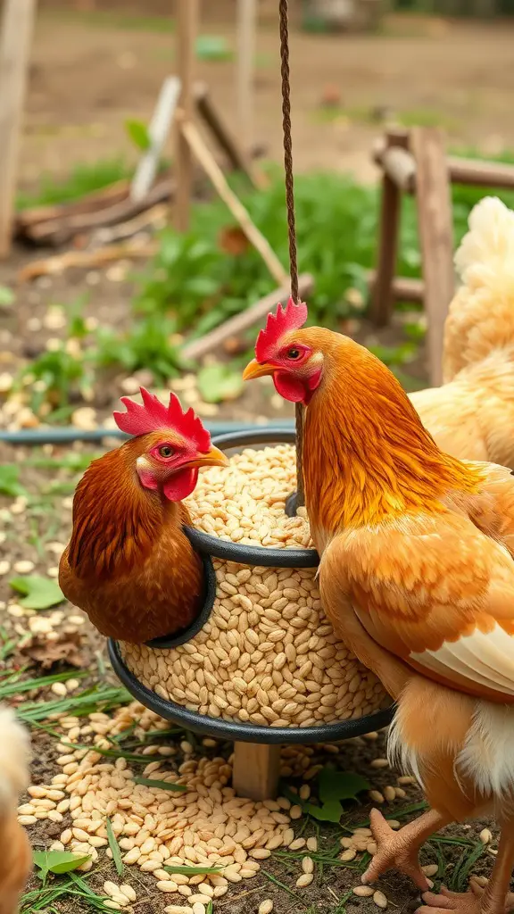 Two chickens interacting with a puzzle feeder filled with seeds.