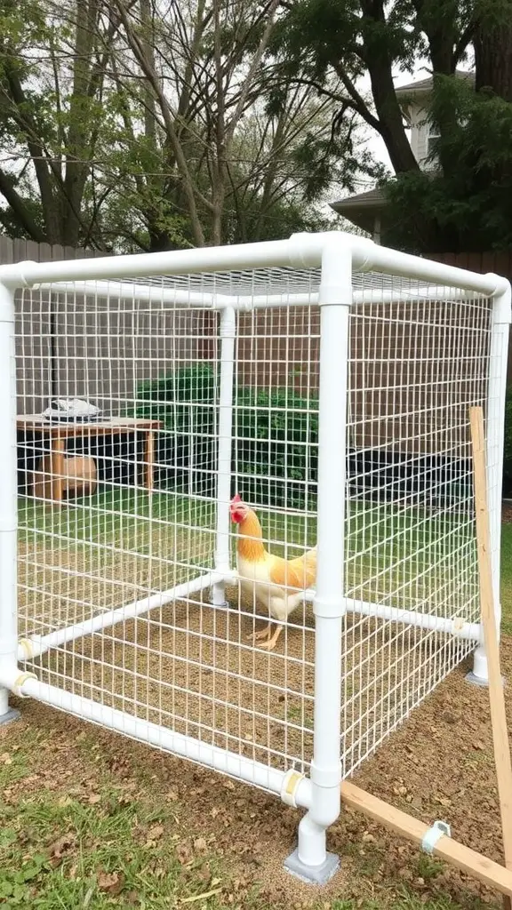 A chicken inside a PVC pipe chicken pen with mesh fencing.