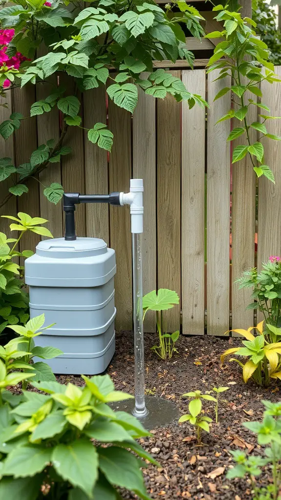 A rainwater harvesting setup in a cozy garden featuring a gray rain barrel and a pipe connected to a wooden fence.