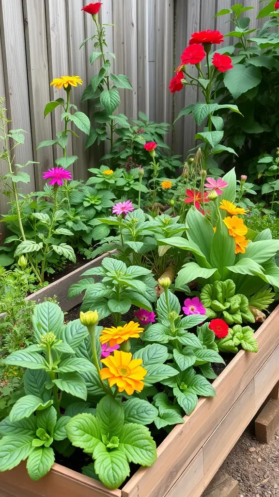 Colorful flowers in a raised garden bed