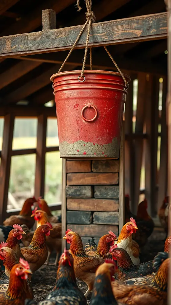 A red 5-gallon bucket hanging from a wooden beam in a chicken coop, surrounded by chickens.
