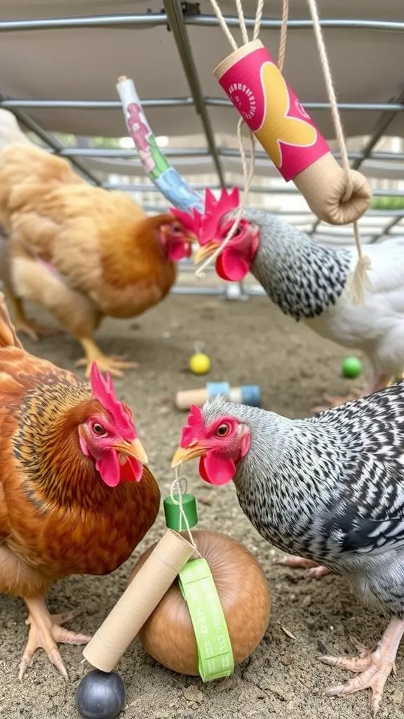 Chickens playing with recycled toys in a coop