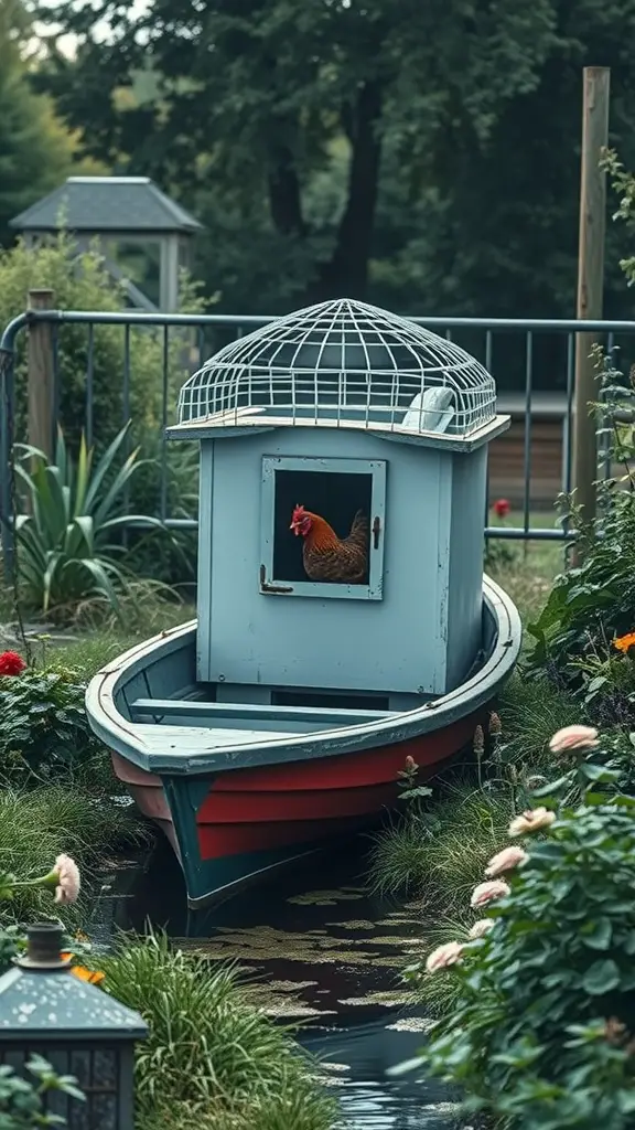 A repurposed boat serving as a chicken cage in a garden setting.