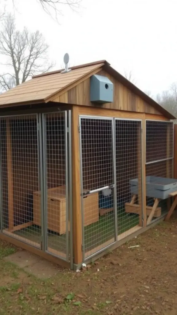 A repurposed dog kennel converted into a chicken pen with wooden walls and wire mesh.