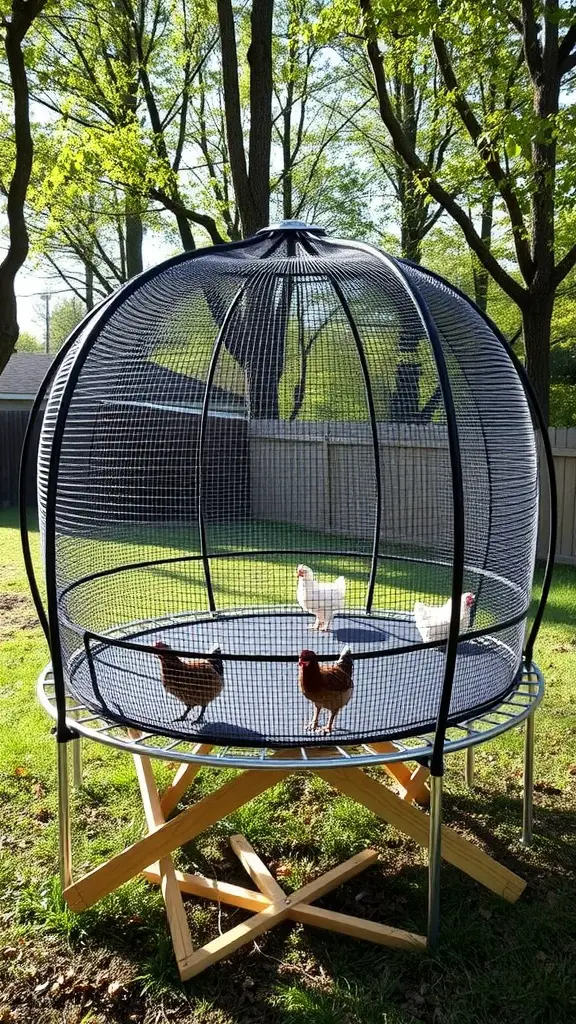 A trampoline repurposed into a chicken dome with netting for protection.