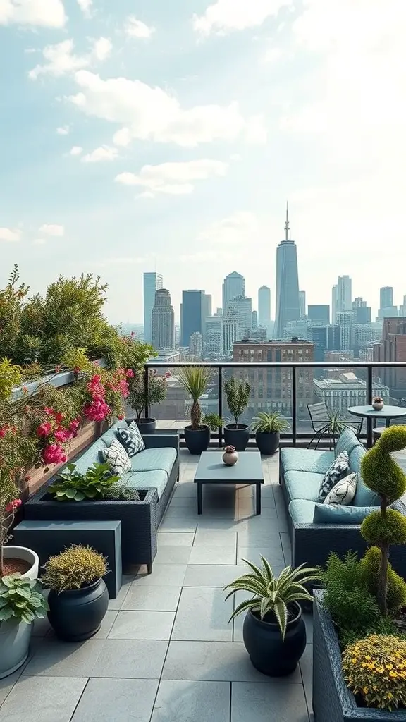 A stylish rooftop patio with comfortable seating, potted plants, and a view of a city skyline.