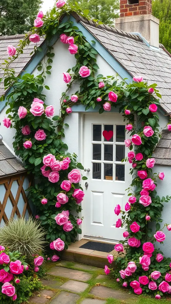 A small cottage with pink climbing roses around the door and a heart-shaped detail on the door.