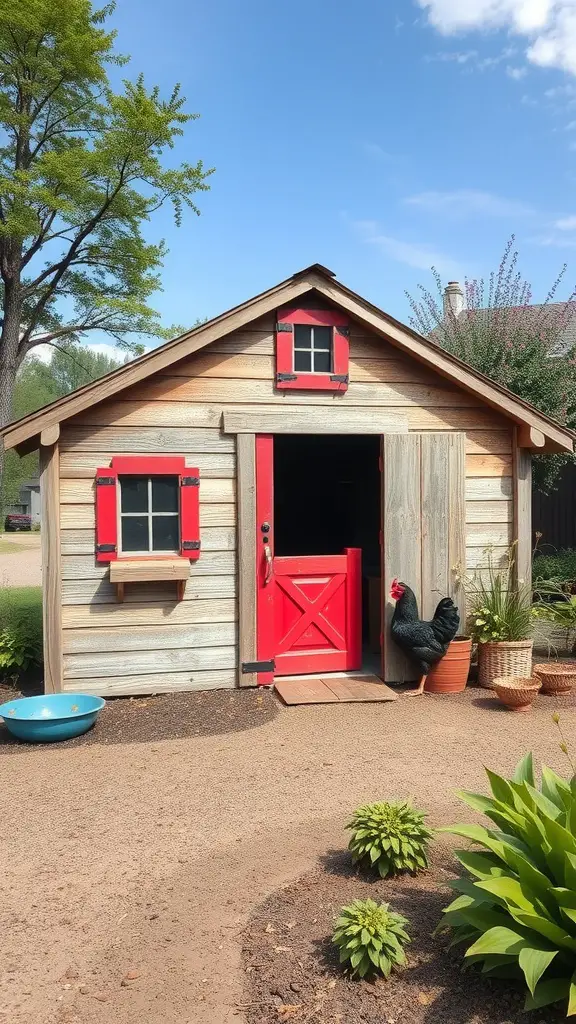 A rustic barn-style chicken coop with red accents and a chicken outside.