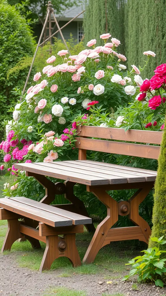 A rustic wooden bench and table surrounded by blooming pink and white roses in a garden.