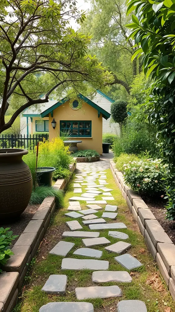 A rustic stone pathway leading to a yellow cottage, surrounded by greenery and flowers.