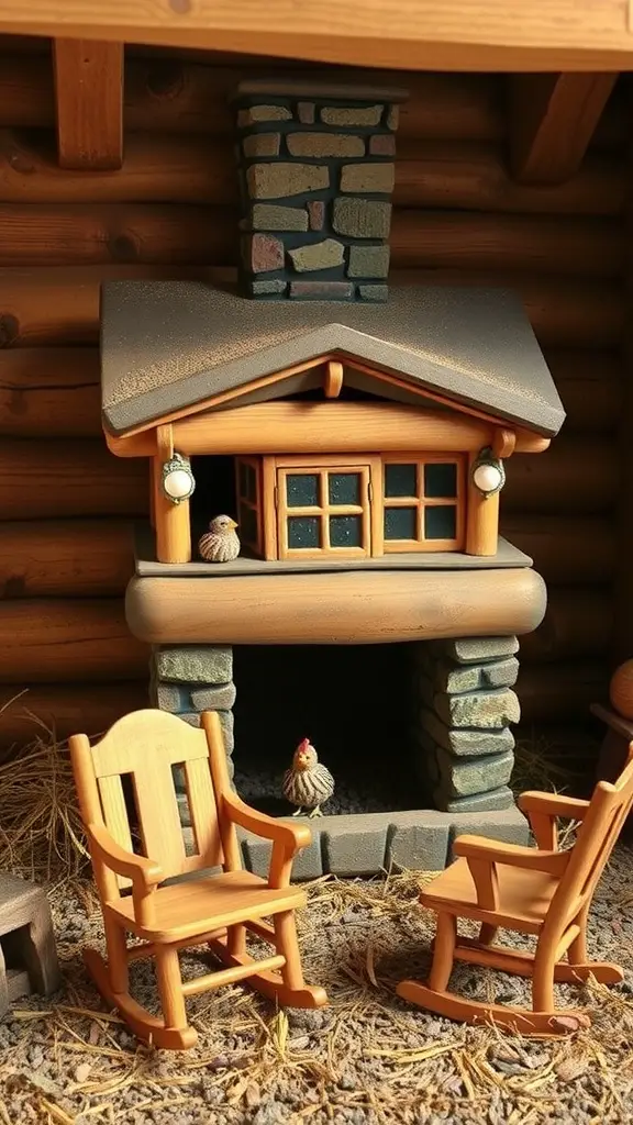 A rustic log cabin chicken cage with a stone chimney and wooden rocking chairs.