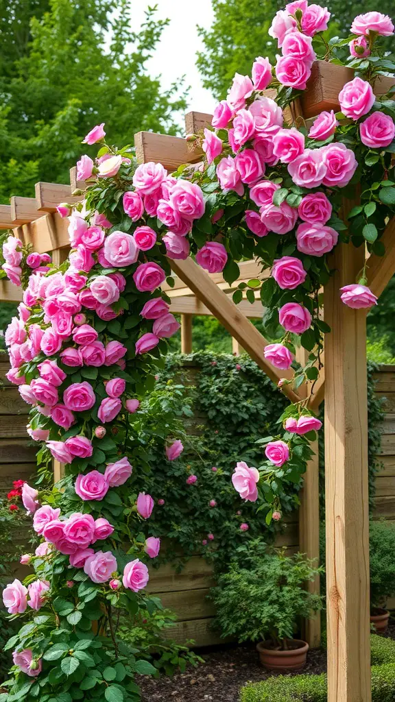 A rustic wooden trellis covered in pink climbing roses, surrounded by greenery.