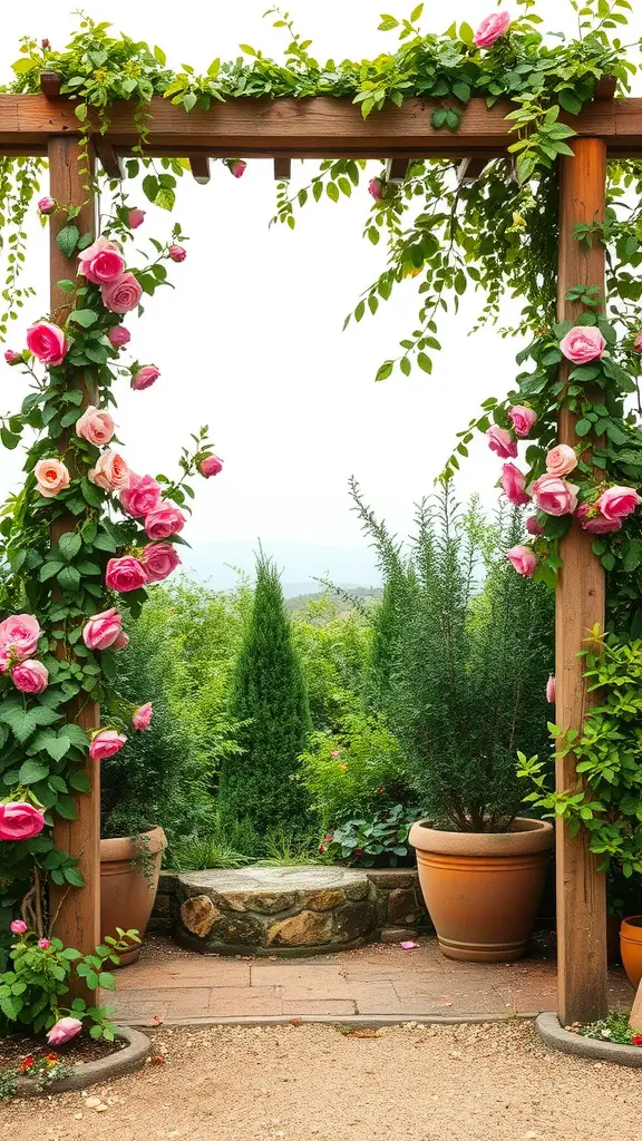 A rustic wooden trellis covered with pink roses, leading into a lush garden with potted plants.