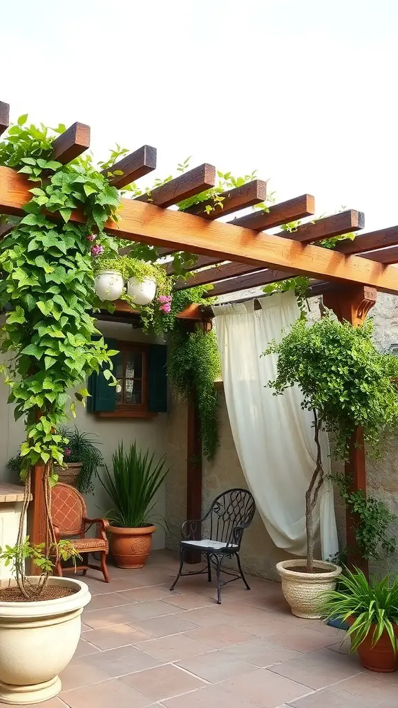 A rustic wooden pergola adorned with greenery and potted plants, creating a cozy outdoor space.