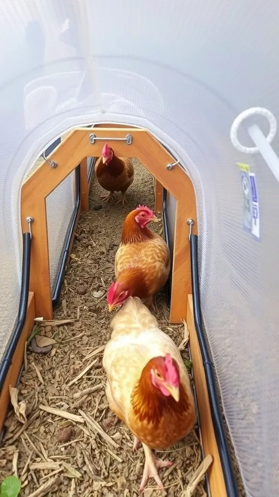 A view of a chicken tunnel with chickens outside, highlighting safety features.