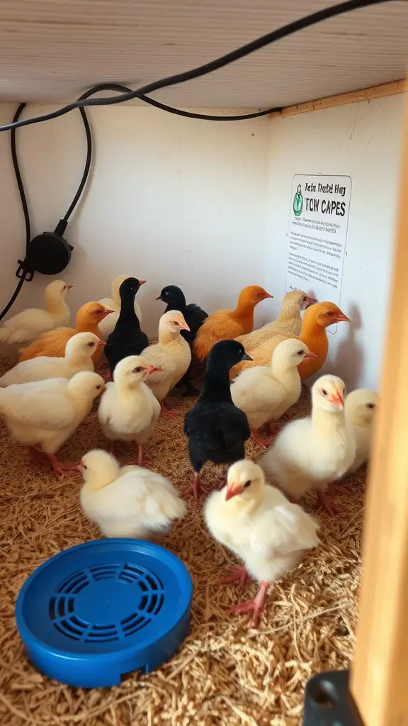 A group of chicks in a brooder setup, showcasing various colors and a clean environment.