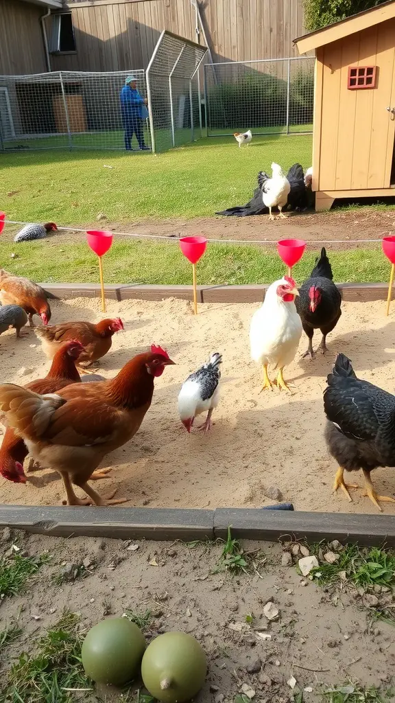 Chickens playing in a sandbox with a wooden coop in the background