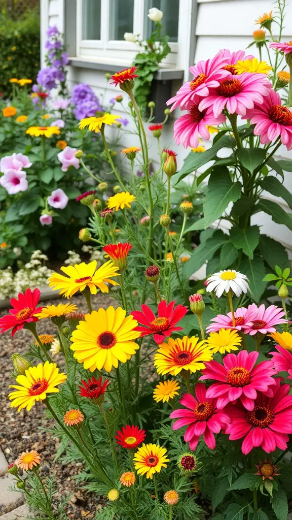 A colorful cottage garden filled with various flowers including yellow, red, and pink blooms.
