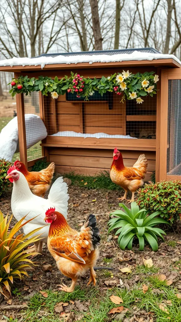 A decorated chicken coop with chickens in a snowy setting, showcasing a seasonal setup.