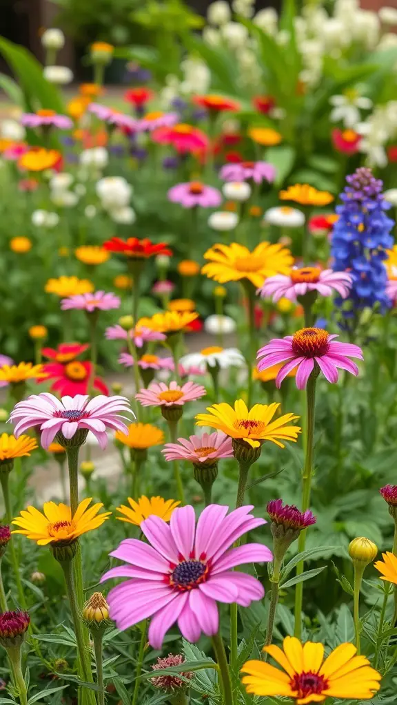 A vibrant garden filled with colorful flowers including pink, yellow, and orange blooms.