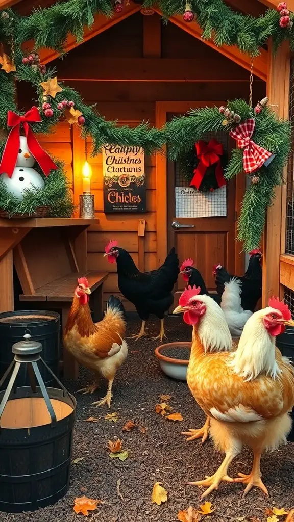 A decorated chicken coop with garlands and festive ornaments, featuring chickens exploring the space.