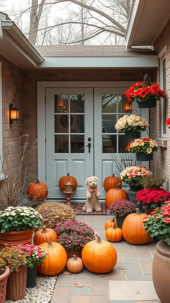 An outdoor patio decorated with pumpkins and colorful flowers for autumn.
