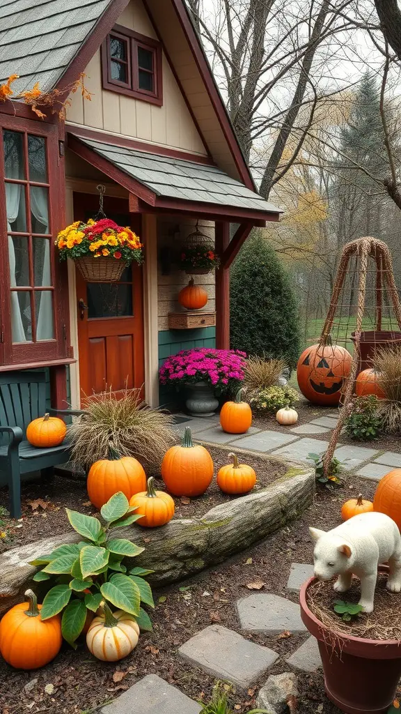 A small cottage garden decorated for fall with pumpkins, flowers, and a white figurine.