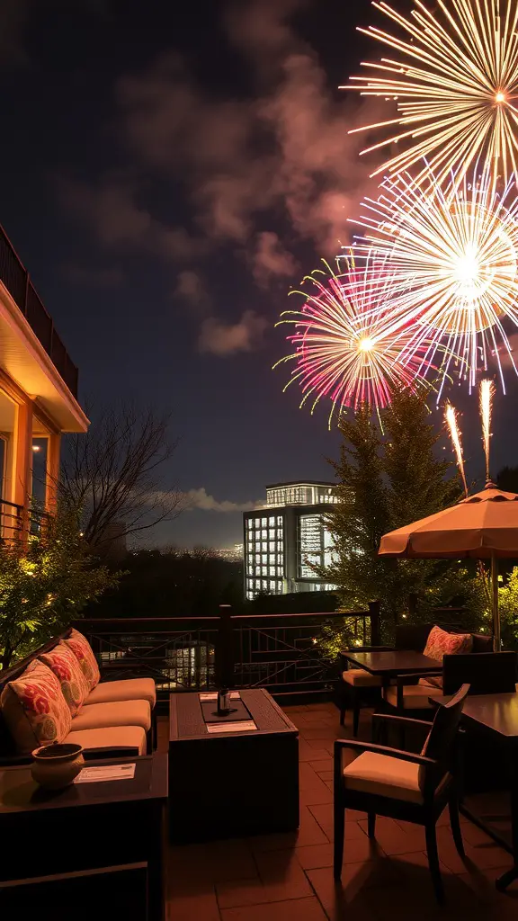 A cozy outdoor patio with seating, overlooking a fireworks display at night.