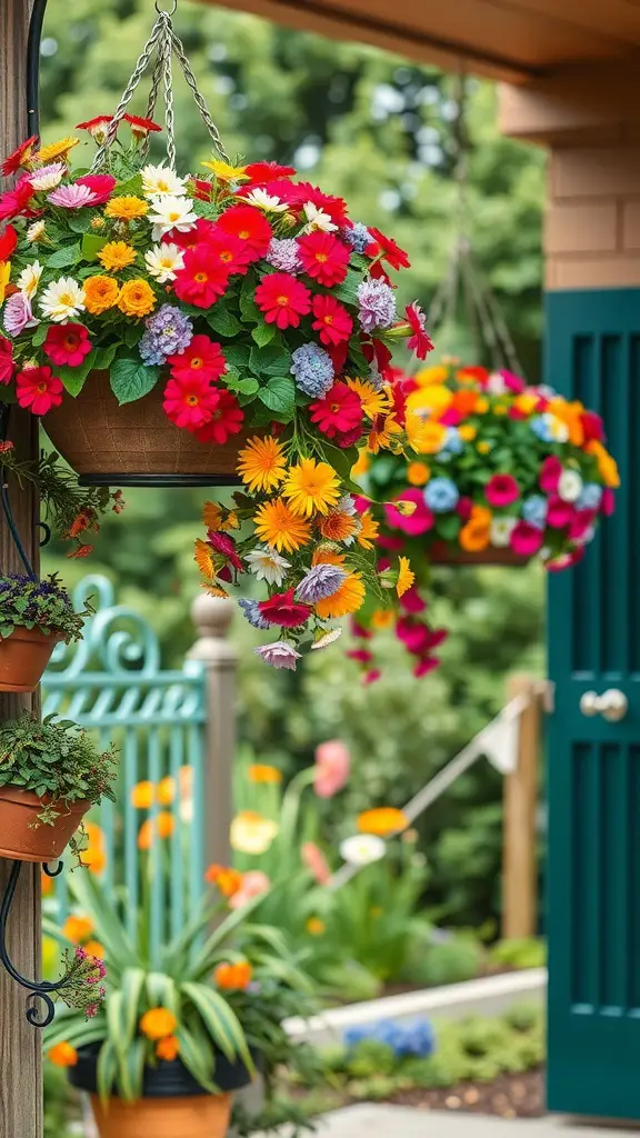 Colorful hanging flower baskets in a cottagecore garden setting
