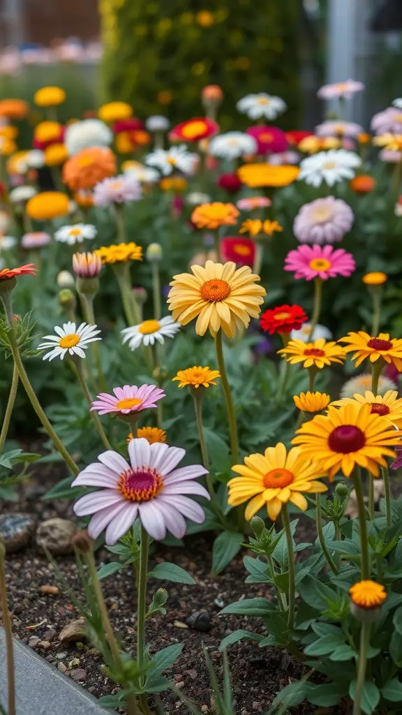 A colorful display of seasonal flowers in a small garden, featuring daisies and marigolds.