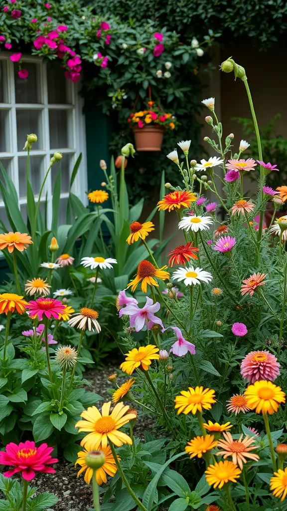 A vibrant secret garden filled with colorful seasonal flowers, including daisies, zinnias, and echinacea, with a backdrop of greenery and a window.