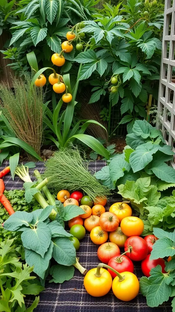 A colorful assortment of fresh vegetables including tomatoes, squash, and greens in a cottage garden setting.
