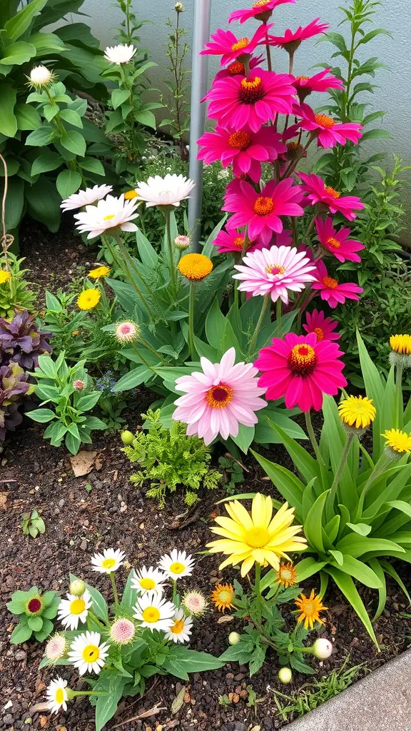 A colorful small garden featuring pink and yellow flowers, daisies, and lush green plants.