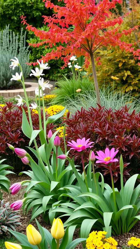 A colorful garden featuring pink tulips, white flowers, yellow marigolds, and a red tree in the background.