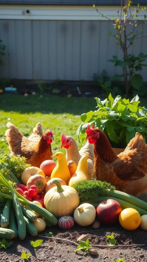 Chickens surrounded by a variety of fresh vegetables and fruits in a garden setting.